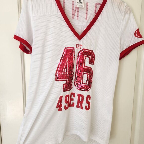 Victoria's Secret Pink NFL San Francisco 49ers Sequin V-Neck Jersey Cute Sporty - Picture 2 of 14